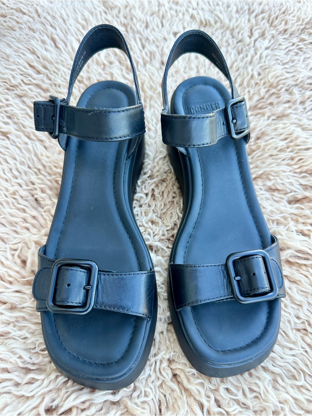 Camper Women’s Black Leather Kaah Buckle Strap Platform Wedge Sandals 38 7.5
